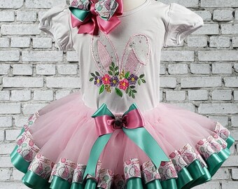 Girl Easter Outfit, Girl Party Shirt, Easter Bunny Shirt, Pink And Green Ribbon Tutu,  Embroidered Shirt, Personalized Shirt