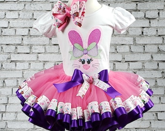 Girl Easter Outfit, Girl Bunny Shirt, Bunny/Bow Shirt, Satin Ribbon Tutu, Bunny Ribbon Tutu, Personalized, Embroidered Shirt