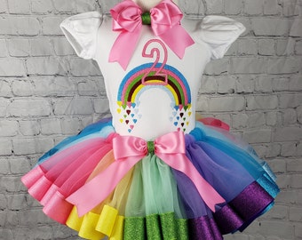 Girl Rainbow Heart Birthday Outfit, Rainbow Girl Shirt, Rainbow Party Set, Glitter Ribbons Tutu, No 2, Embroidered Shirt, Personalized Shirt