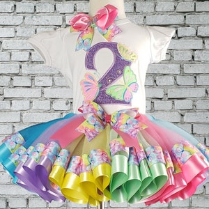 Girl Birthday Outfit, Rainbow Butterfly Outfit, 2 Shirt, Any Shirt, Rainbow Ribbons Tutu, Embroidered Shirt, Personalized Shirt