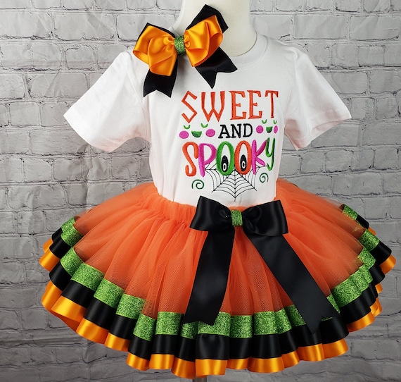 Girl Halloween Outfit, Girl Halloween Costume, Sweet And Spooky Shirt, Orange, Black, Green Ribbon Tutu, Bow, Any Size, Personalized,