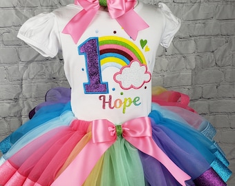 Conjunto de cumpleaños arcoíris para niña, camiseta arcoíris para niña, conjunto de fiesta arcoíris, tutú con cintas, camiseta bordada, camiseta personalizada