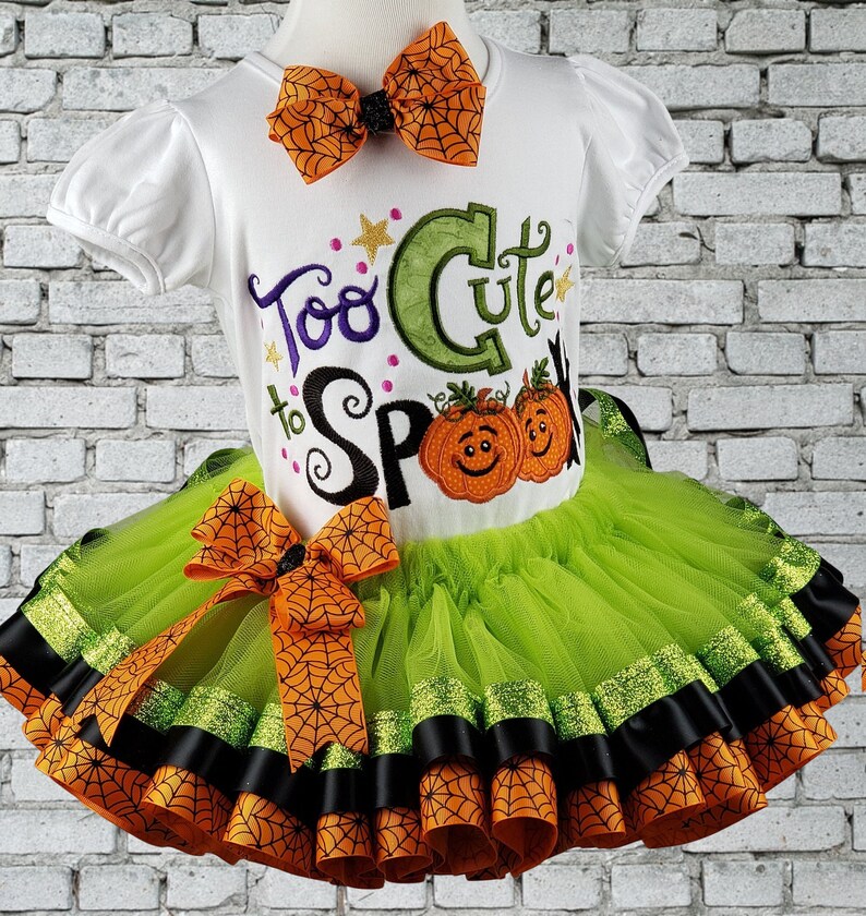 Girl Halloween Outfit, Halloween Costume, To Cute To Spook Shirt, Halloween Shirt, Ribbon Trim Tutu, Personalized, Embroidered, Any Size bild 4