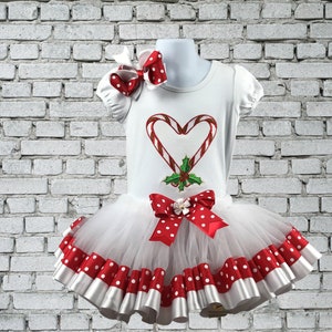 Girl Christmas Outfit, Candy Cane Cutie Shirt, Ribbon Tutu, Red Polka Dot Outfit, Christmas Party Set, Personalized Shirt, Embroidered Shirt