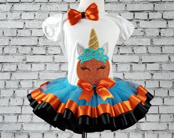 Girl Halloween Outfit, Girl Halloween Costume, Pumpkin Girl Shirt, Unicorn Shirt, Ribbon Tutu, Bow Unicorn, Personalized, Embroidered