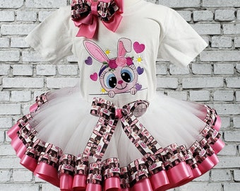 Girl Easter Outfit, Girl Bunny Shirt, Leopard And Flower Ribbon Tutu, Shirt, Bunny Ribbon Tutu, Personalized, Embroidered Shirt