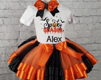 Girl Halloween Outfit, Girl Halloween Costume, Black/ Orange Ribbon Tutu, Spoky Season Shirt, Personalized /Embroidered Shirt, Any Size