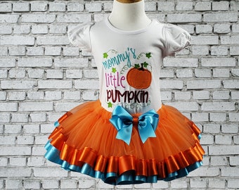 Girl Halloween Outfit, Girl Halloween Costume, Mommy Little Pumpkin Shirt, Halloween Shirt, Ribbon Tutu, Personalized, Embroidered, Any Size