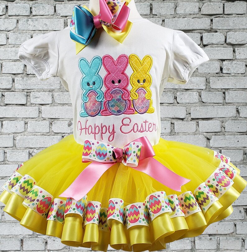 Girl Easter Outfit, Girl Easter Tutu Bunny Shirt, Easter Shirt, Ribbon Tutu, Personalized, Embroidered image 3
