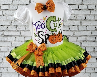 Girl Halloween Outfit, Halloween Costume, To Cute To Spook Shirt, Halloween Shirt, Ribbon Trim Tutu, Personalized, Embroidered, Any Size