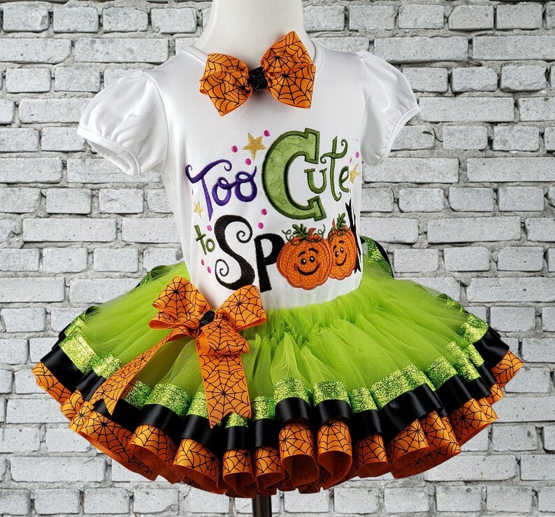 Girl Halloween Outfit, Halloween Costume, To Cute To Spook Shirt, Halloween Shirt, Ribbon Trim Tutu, Personalized, Embroidered, Any Size bild 1