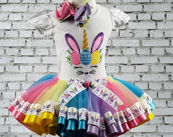 Girl Easter Outfit, Girl Unicorn Easter Tutu, Easter Eggs Shirt, Easter Rainbow Ribbon Tutu, Personalized, Embroidered