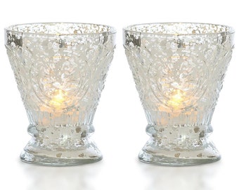 2-PACK | Vintage Mercury Glass Candle Holder (4-Inch, Rosemary Design, Silver) - For Use with Tea Lights - For Home Decor, Parties, and