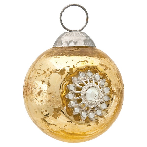 BLOWOUT Mercury Glass Ornaments (2.25-Inch, Audrey Bejeweled Design, Gold, Single)