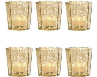 6 Pack | Vintage Mercury Glass Tealight Candle Holders (2.75-Inch, Patricia Design, Gold) - For Use with Tea Lights - For Home Decor,