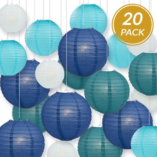 Ultimate 20-Piece Sea Blue Variety Paper Lantern Party Pack - Assorted - 6", 8", 10", 12" (5 Round Lanterns Each) Weddings, Events and Decor