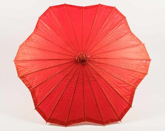 32" Red Paper Parasol Umbrella, Scallop Blossom Shaped with Elegant Handle