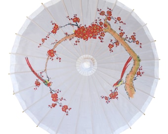 32" Red Bird Cherry Blossom Premium Nylon Parasol Umbrella with Elegant Handle