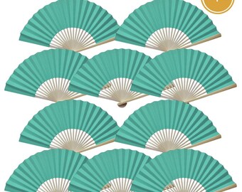 9" Cool Mint Green Paper Hand Fans for Weddings, Premium Paper Stock (10 Pack)