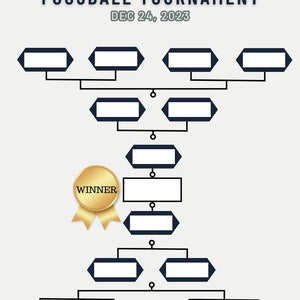 May include: A black and white foosball tournament bracket with the text "FAMILY FOOSBALL TOURNAMENT" and "DEC 24, 2023". The bracket has 8 slots for players and a gold winner's medal.