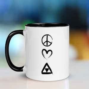Peace Love Triforce Zelda Mug, Video Game Novelty Pop Culture Gift for Gamers and Tech Nerds in Grunge Decor in 5 Colors for Complete Set