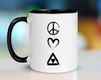 Peace Love Triforce Zelda Mug, novedad del videojuego Pop Culture Gift para gamers y tech nerds en decoración grunge en 5 colores para set completo