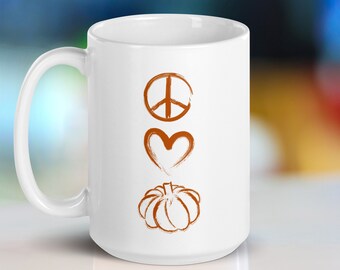 Peace Love Pumpkin Spice Mug en decoración de naranja grunge, regalo de otoño y Acción de Gracias para la especia de calabaza, amante del otoño