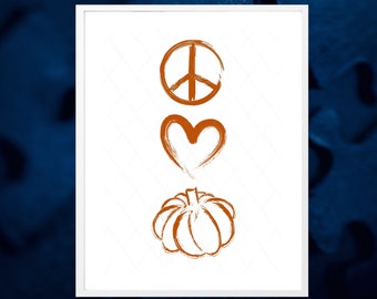 Peace Love Pumpkin Autumn Printable do oprawienia, do tablicy planera, do zakładek, a nawet do drukowania na papierze naklejkowym. Prezent dla miłośnika dyni i przypraw.