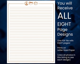 Papel para escribir cartas con y sin rayas de Peace Love Pumpkin para los amantes de las especias de calabaza con OCHO diseños imprimibles en un solo archivo.