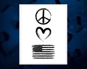 Peace Love American Flag Grunge Printable for Framing, Planner Dashboards, Stickers, Military Gift, Americana and Patriotic Decor
