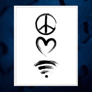 Può includere: Illustrazione in bianco e nero di un segno di pace, un cuore e un simbolo wifi. I simboli sono disegnati in uno stile a pennellate.