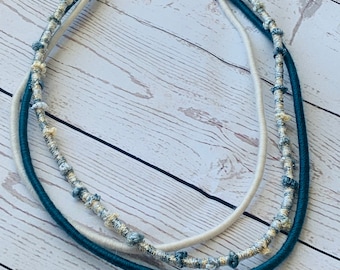 Multi-strand Statement Necklace - rope necklace - cream and teal textile jewelry