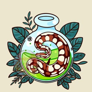 May include: Illustration of a snake coiled inside a glass bottle filled with green liquid. The snake is brown and white, and the bottle is surrounded by green leaves. The background is a light beige color.