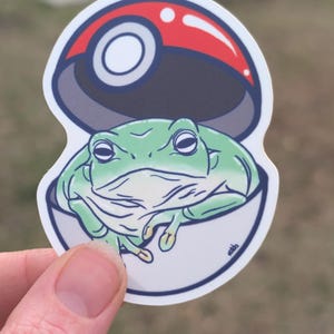 May include: A sticker featuring a green frog inside a red and white Poke Ball. The frog has detailed linework and is centered in the ball. The background is blurred, suggesting an outdoor setting.