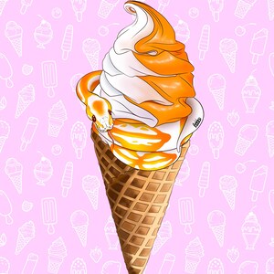 May include: Illustration of a whimsical ice cream cone with a white and orange swirl, and a snake wrapped around it. The cone is brown, and the background is pink with white ice cream doodles.