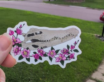 Alligator skull with flowers matte sticker