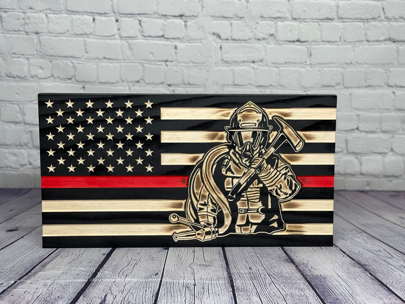 Wood Firefighter American Flag Burned Rustic Firefighter Flag Etsy