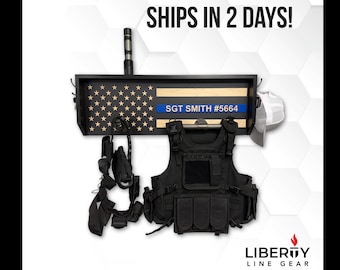 Police gear rack gift for him, Belt Holder, Duty Vest Hanger, Personalized American flag, thin blue line, key holder