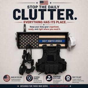 Police gear rack gift for him, Belt Holder, Duty Vest Hanger, Personalized American flag, thin blue line, key holder