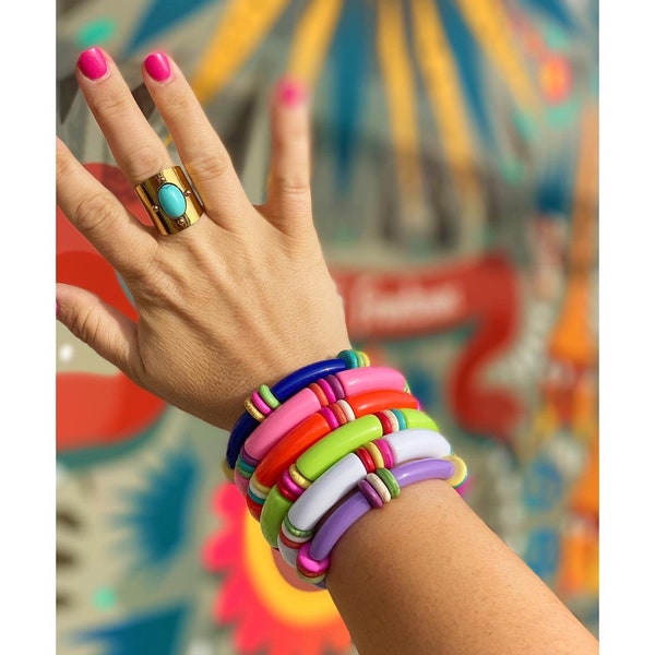 Bright fiesta bracelet| acrylic tube beads| howlite stone beads| colorful boho statement stretch bracelets