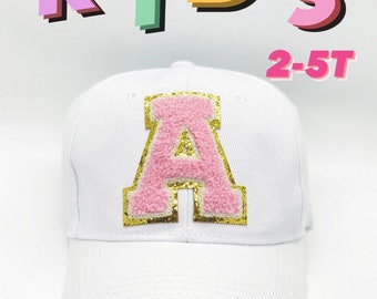 Kids Chenille Letter Patch Baseball Hat: Glitter Varsity Initial