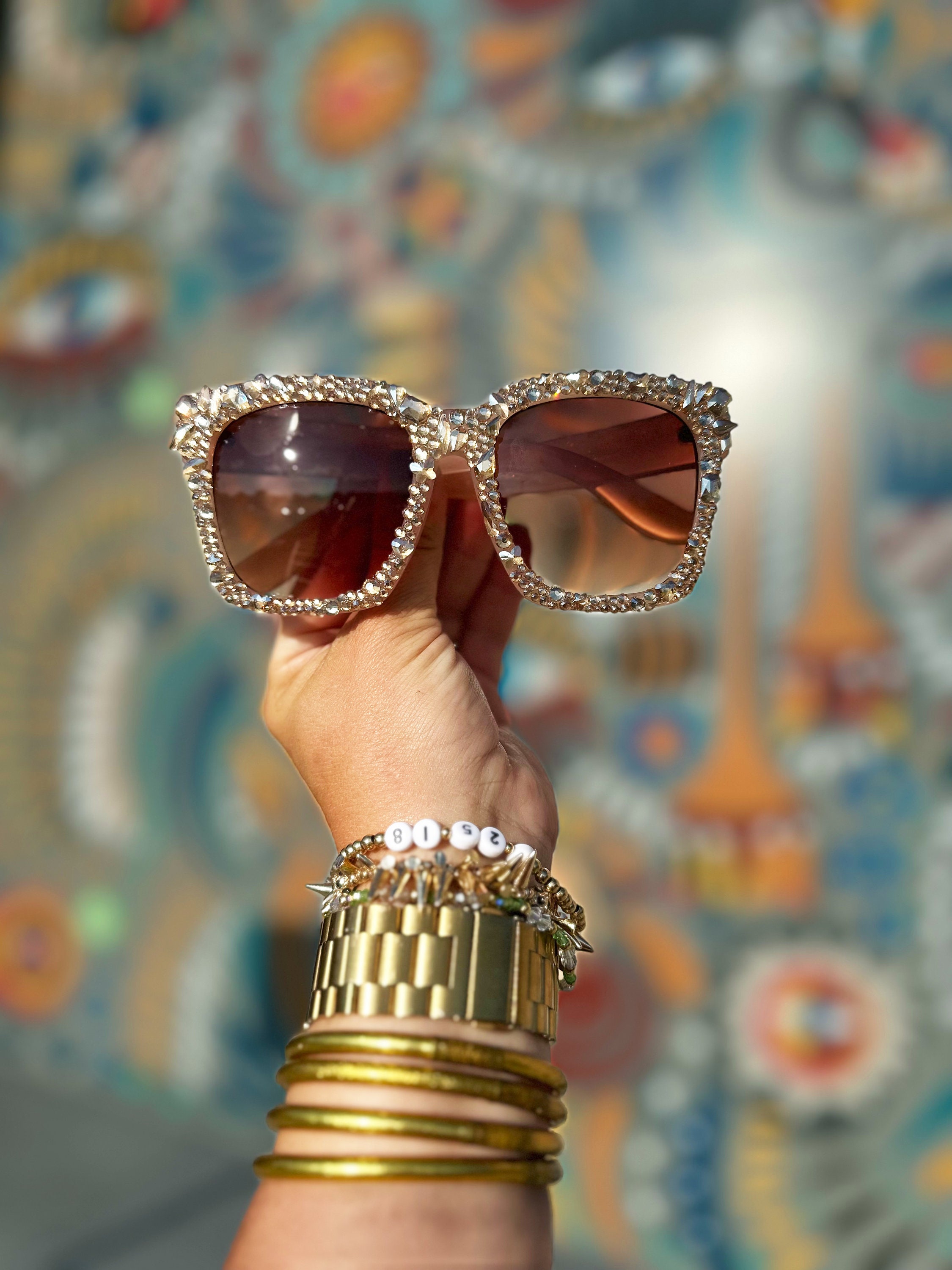 晨Rhinestone Glasses Fashion Transparent Square Sunglasses Fashion Sha, Silver with Crystal