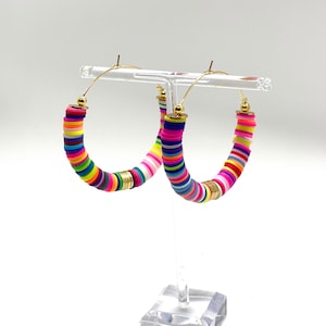 Rainbow confetti FruitLoop Heishi clay hoops with 24k gold accents