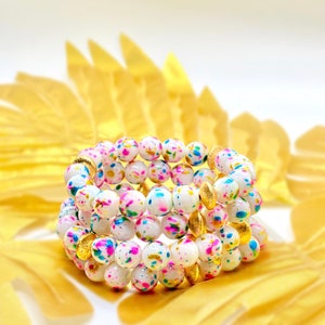 Hand-beaded Confetti Party Bracelets, stackable stretch bracelets with glass beads