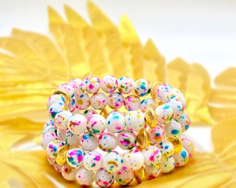 Hand-beaded Confetti Party Bracelets, stackable stretch bracelets with glass beads