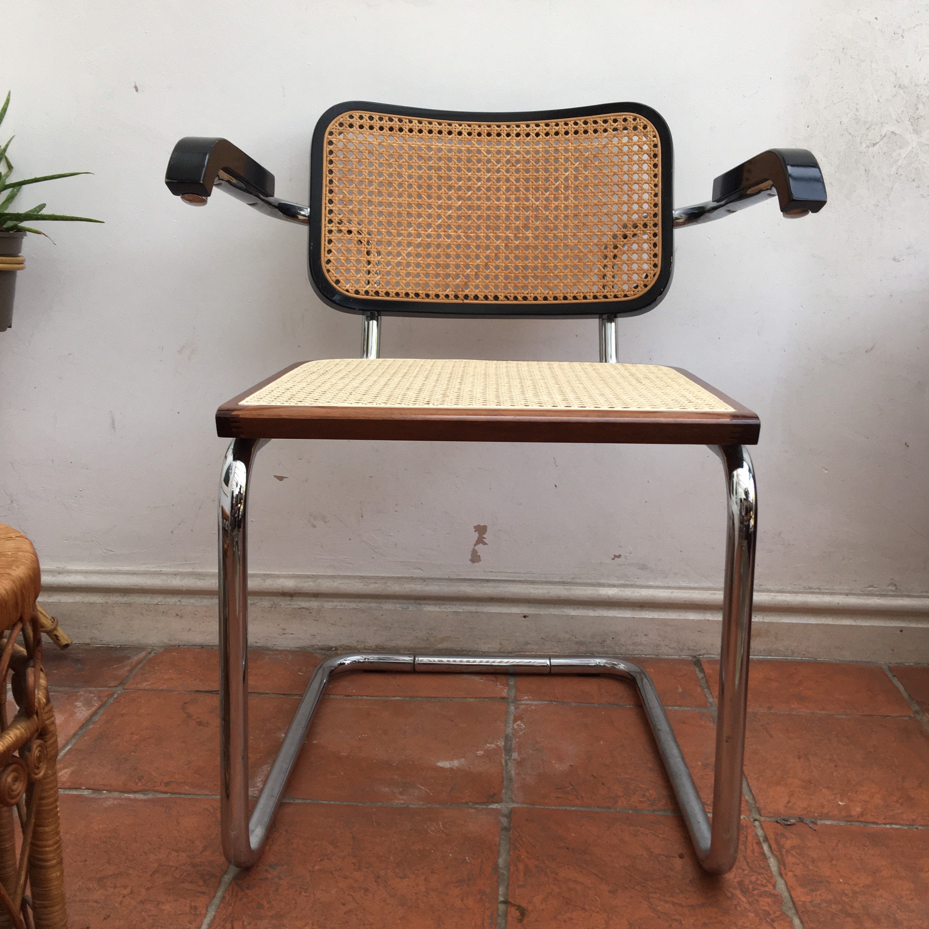 Cesca black and chrome chair with arms with cane seat & back