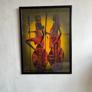 Framed African batik scene of 2 Warriors / wall art