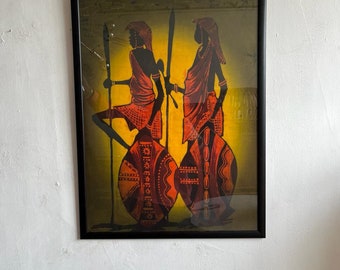 Framed African batik scene of 2 Warriors / wall art