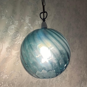 A set of 3 mid century Petrol blue Round ridged glass pendant lampshades