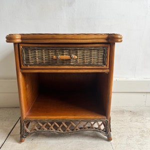 Bamboo & wicker vintage bedside table with drawer